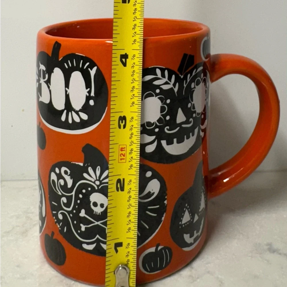Crate&Barrel Halloween Orange Mug with Black Pumpkin Design